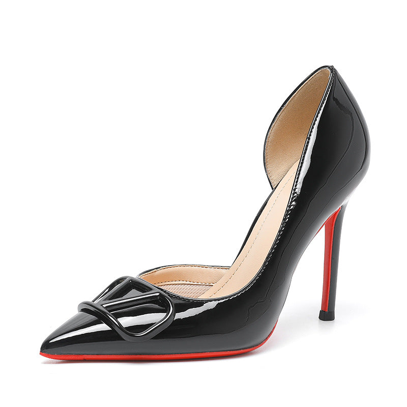 Fashion Pointed Buckle High Thin Patent Women's Shoes