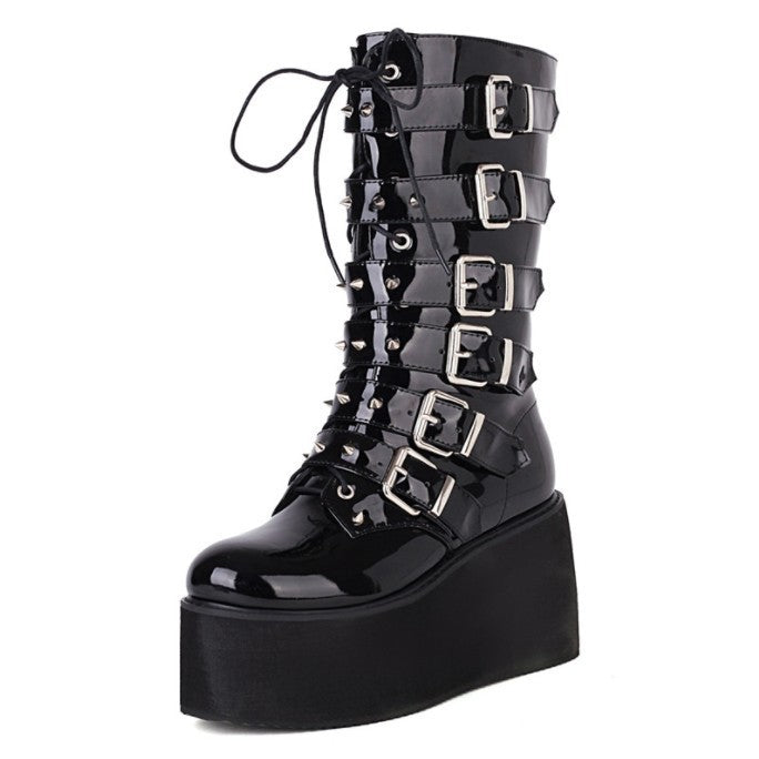 Women's Punk Rivet Riding Platform High Belt Women's Leather Boots