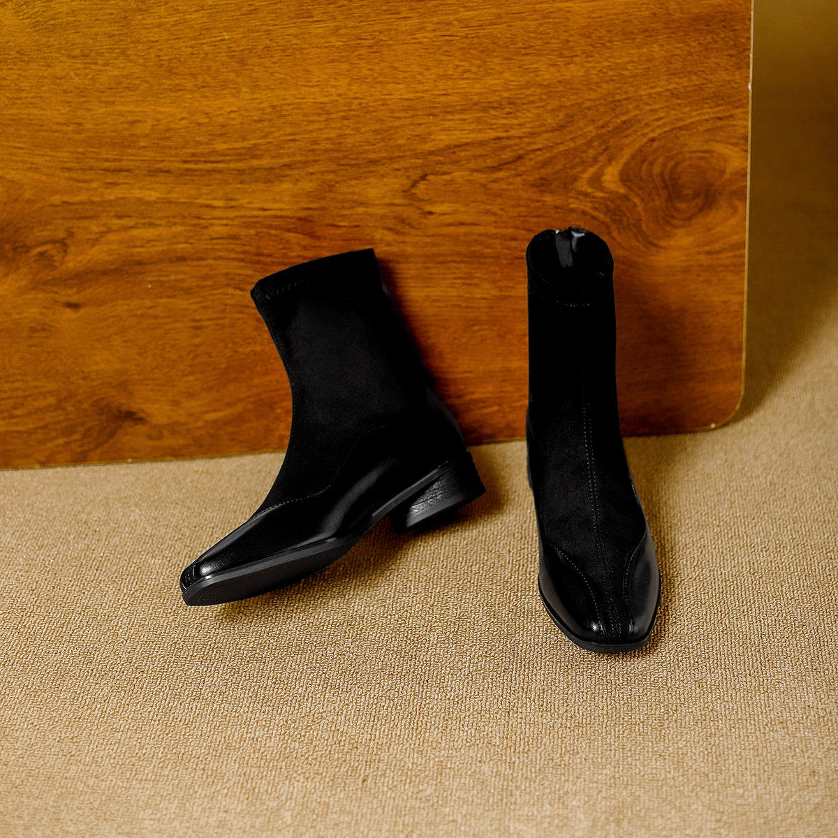 Women's Suede Stitching Chunky Ankle Soft Back Zipper Commute Slimming Women's Leather Boots