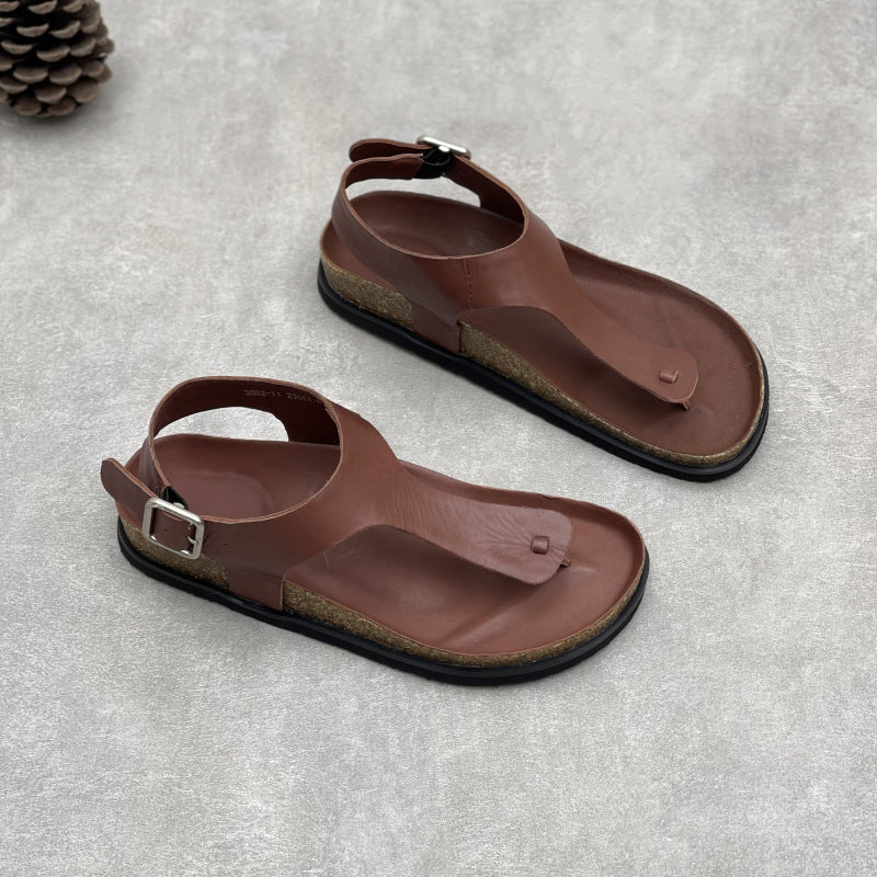 Women's Handmade Genuine Herringbone Toe Covering Solid Color Square Buckle Simple Flat Sandals