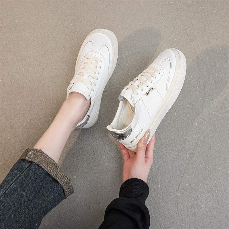 Women's Cowhide Flat Spring White Comfortable Versatile Sneakers