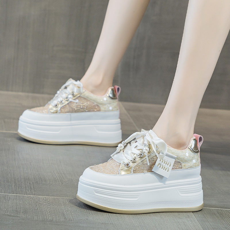Thick Bottom Height Increasing Insole Mesh Breathable White Sequins Casual Shoes