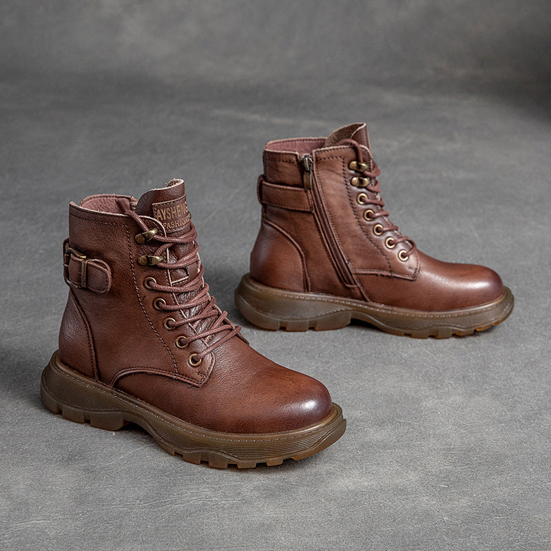 Women's Cowhide Platform Solid Color Belt Buckle Boots
