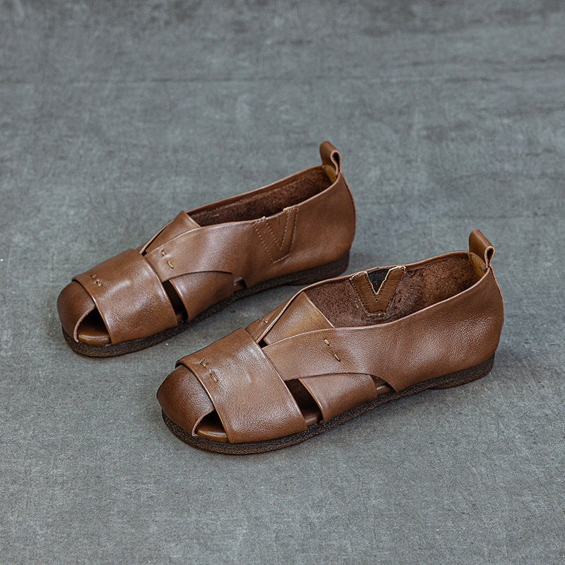 Women's Cowhide Retro Handmade Flat Soft Bottom Summer Sandals
