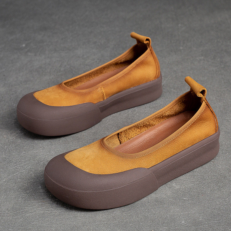 Women's Mouth First Layer Cowhide Round Toe Flat Bottom Slip-on Casual Shoes