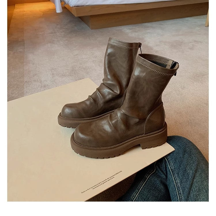 Women's Platform Skinny Round Toe Pleated Back Zipper Boots