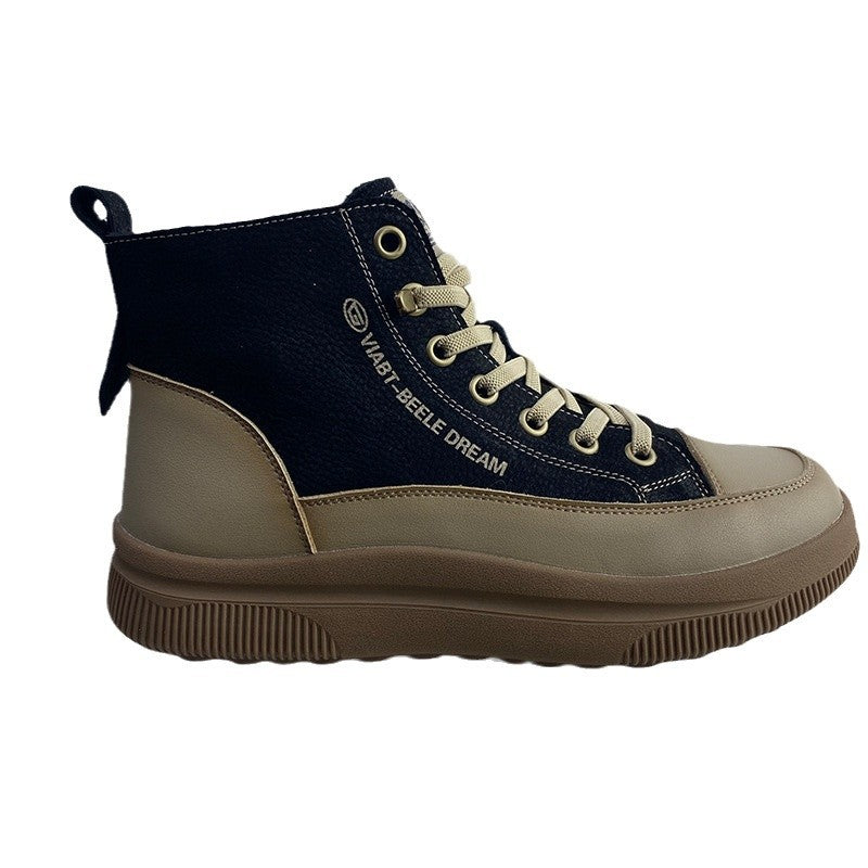Women's Layer Cowhide Retro High Top White Comfortable Soft Soled Sneakers
