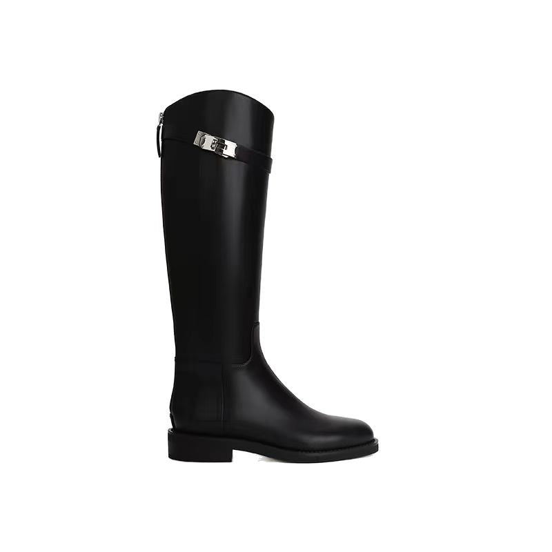Women's Biker Round Head Chunky High Leg Thick Women's Leather Boots