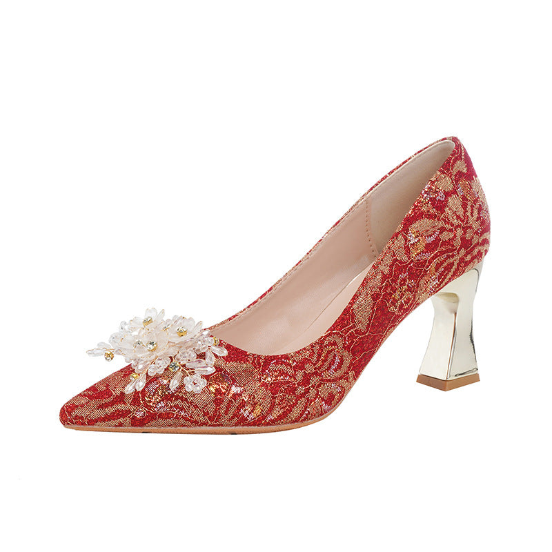 Chinese Style Red Thick Wedding Bridal Not Tired Feet High Women's Fashion Shoes