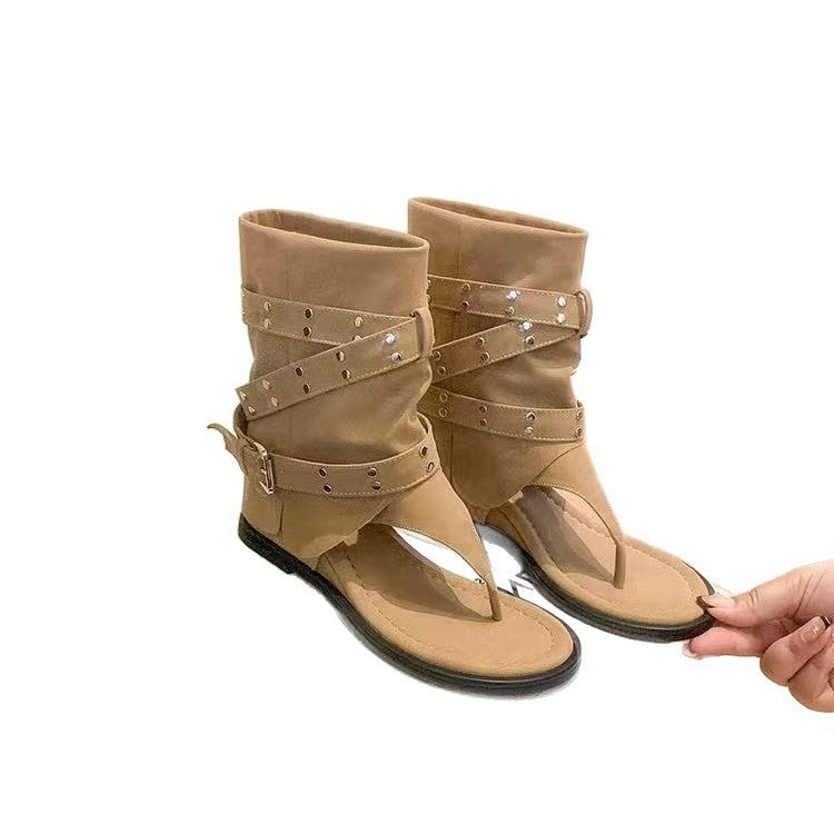 Women's Increasing Insole Summer Rivet Belt Buckle Hot Women's Leather Boots