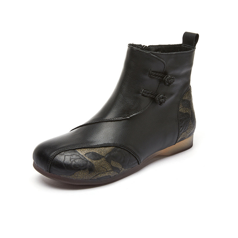Women's Style Soft Bottom Top Layer Cowhide Round Boots