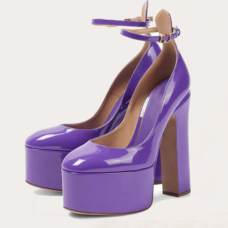 Waterproof Platform Patent Round Head Thick Bottom Ankle Ring Women's Shoes