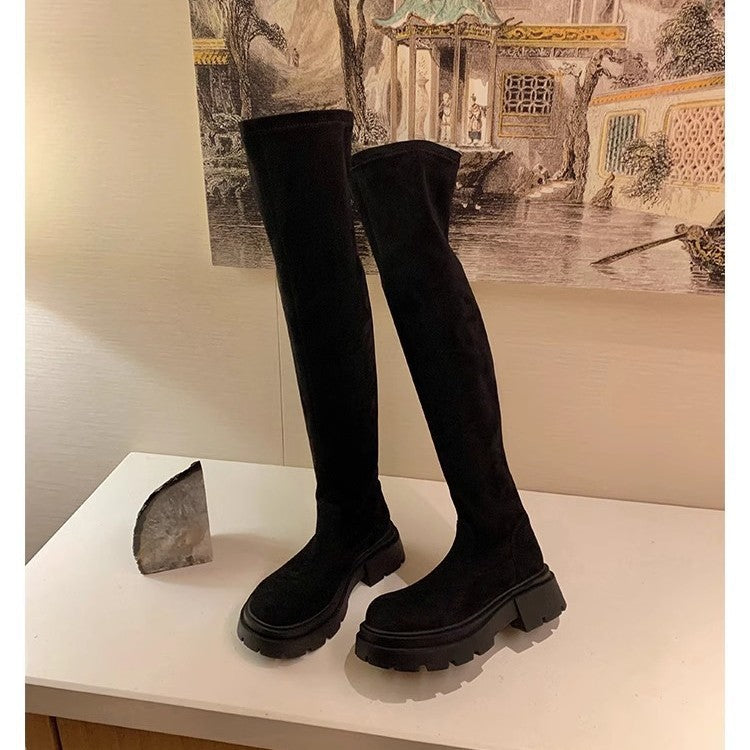 Toe Thick Bottom Increased Leg Straight Slimming Suede High Female Boots