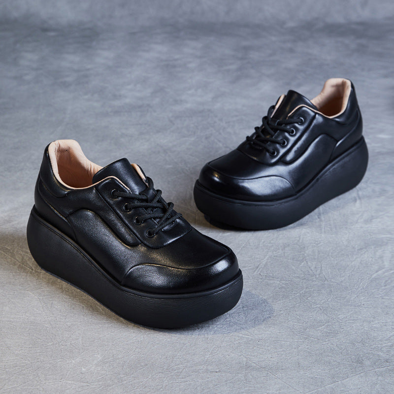 Women's First Layer Cowhide Retro Lace Up Pumps Versatile Wedge Casual Shoes