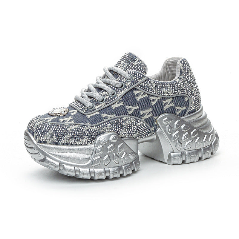 Women's Dad Platform Height Increasing Rhinestone Denim Korean Fashion Casual Shoes