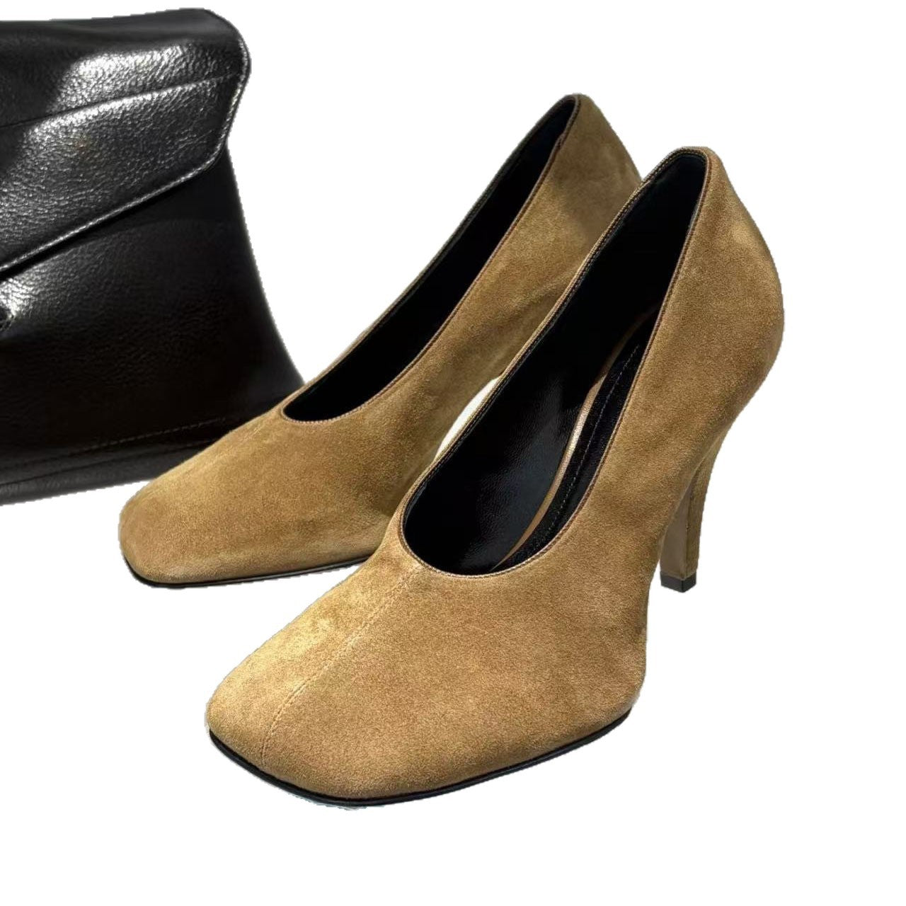 Women's Korean Niche Design Square Toe High Genuine Suede Leather Shoes