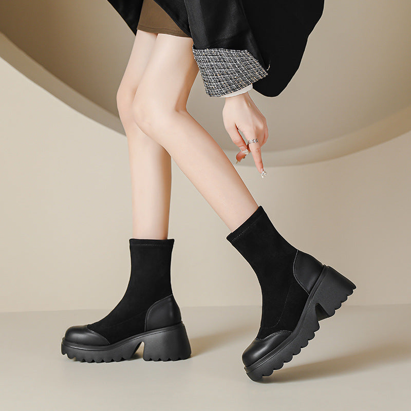Thick Bottom Thin Female Niche Stitching Boots