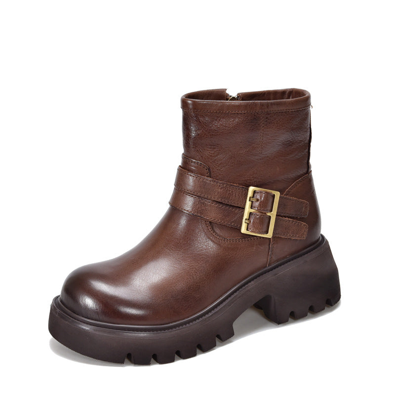 Women's Buckle Thick-soled Short First Layer Cowhide Boots
