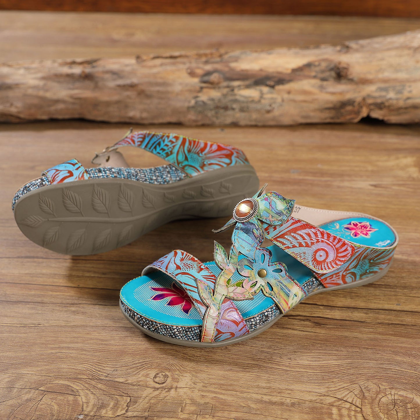 Meng Die Summer Round Toe Cowhide Cross Belt Rubber Slippers