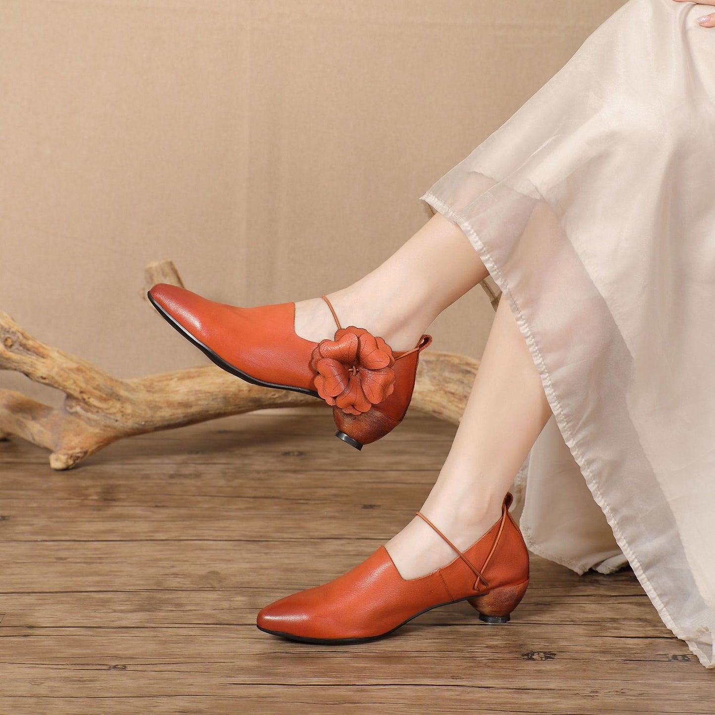 Women's Retro Handmade Genuine Flower Literary Low Women's Shoes