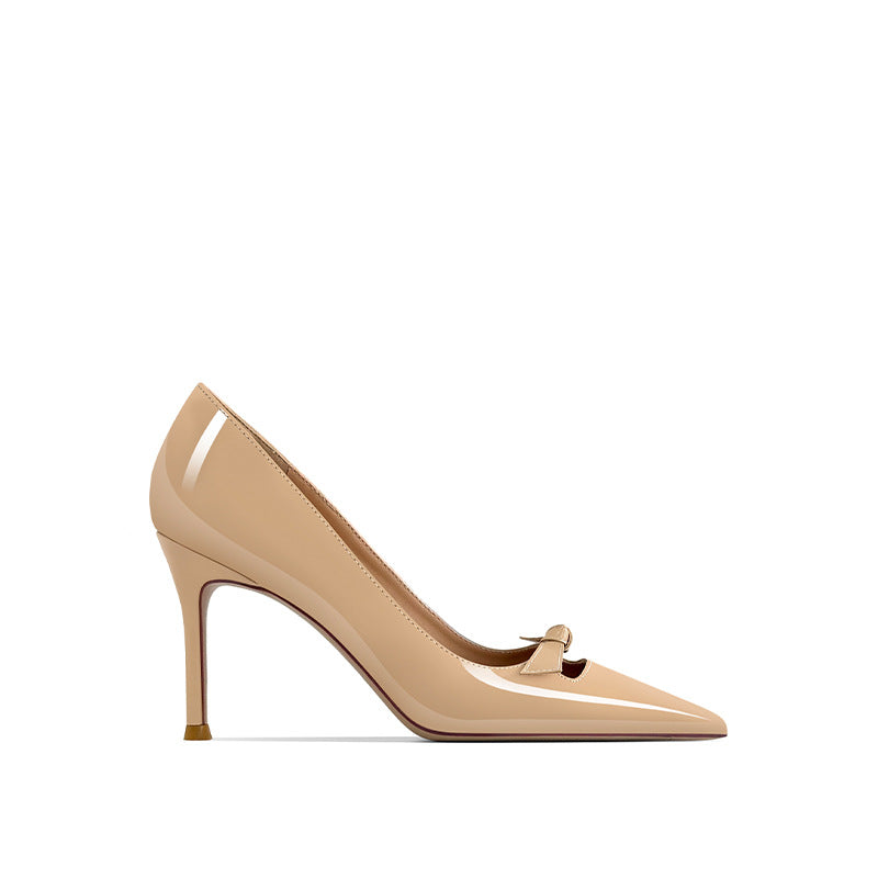 Women's Bow High Patent Pointed Stiletto Commuter Shallow Mouth Heels