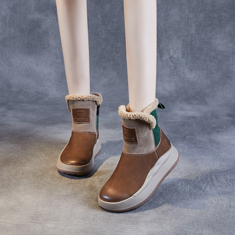 Women's Color Matching Wool Mouth Thickened Top Layer Snow Boots