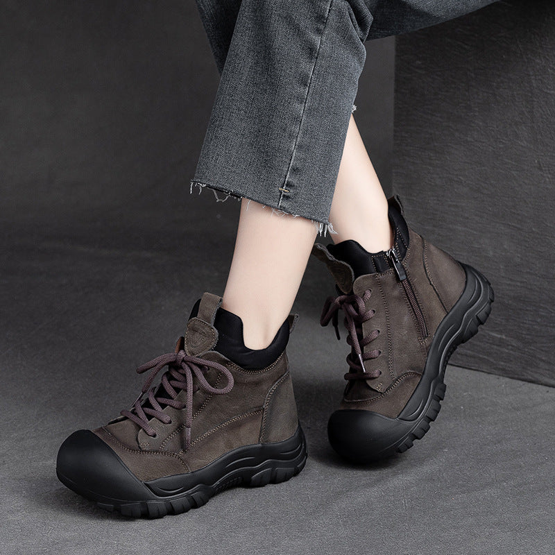 Women's Zipper Ugly Cute Ankle Thick Bottom Top Layer Cowhide Boots