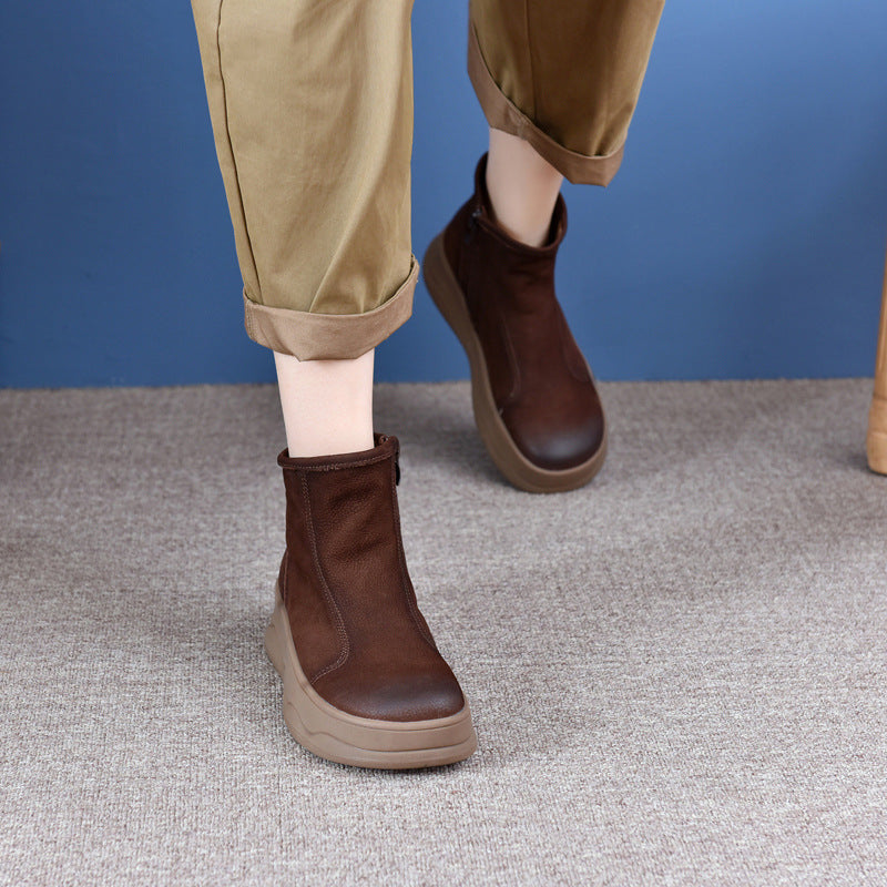 Women's Layer Cowhide Vintage Soft Bottom Fleece-lined Boots