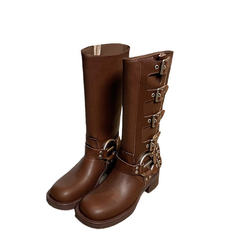 Women's Retro Round Head Ankle Ring Chunky Boots