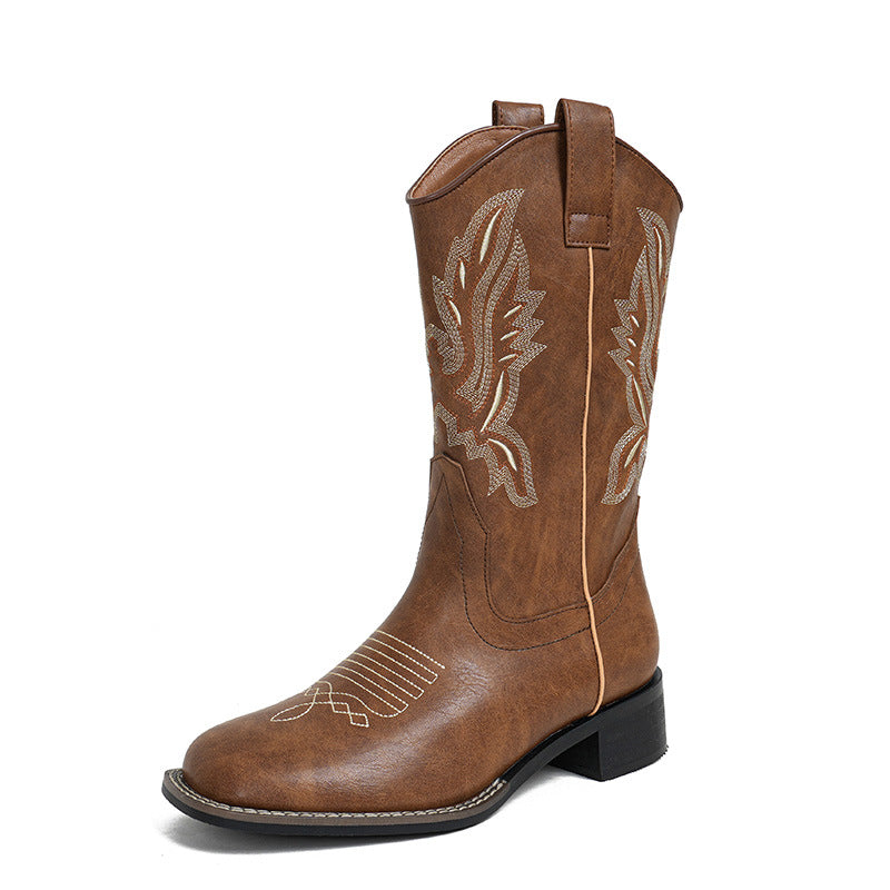Women's Embroidered Chunky V Cut Western Denim Boots