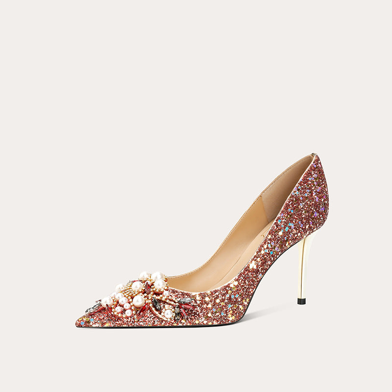 Women's Elegant Spring Sequined Pointed Pearl Sheepskin High Women's Shoes
