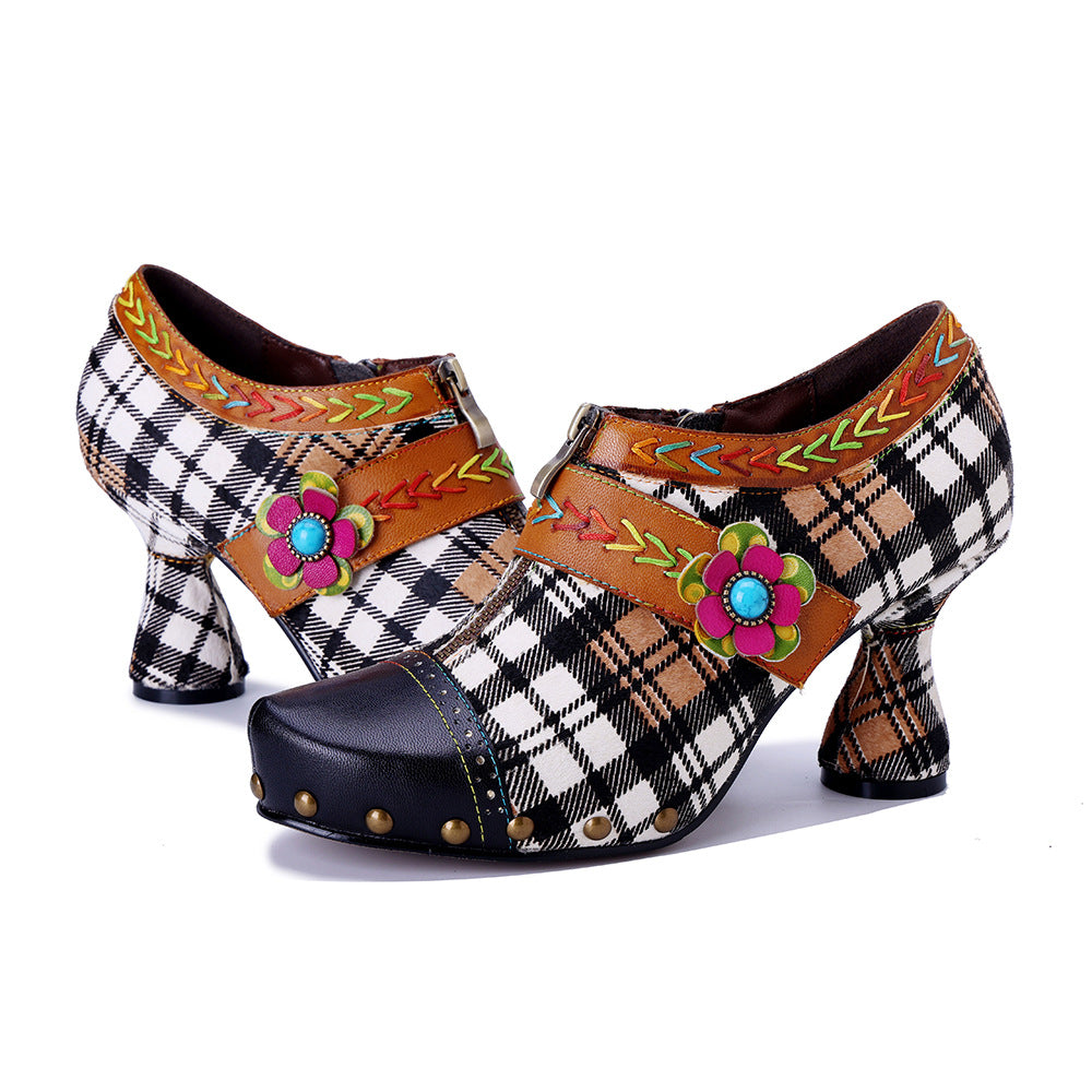 Women's Genuine Hand-rub Color Retro Plaid Printed Women's Fashion Shoes