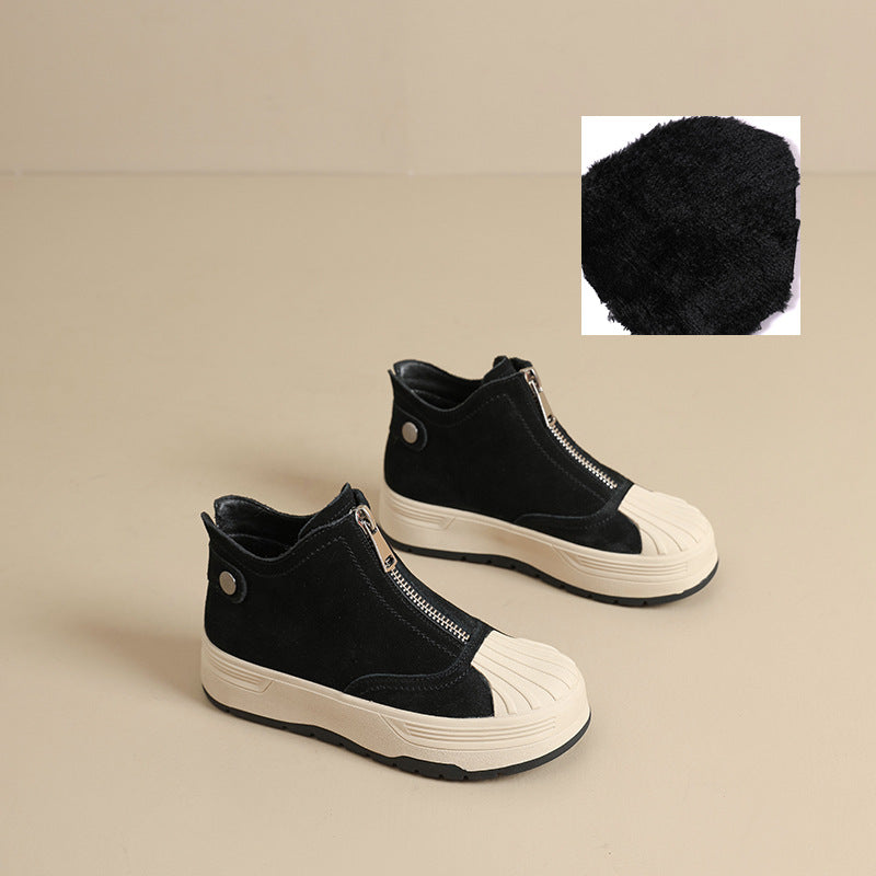 Women's Genuine Front Zipper Flat Shell Toe Board Women's Leather Boots
