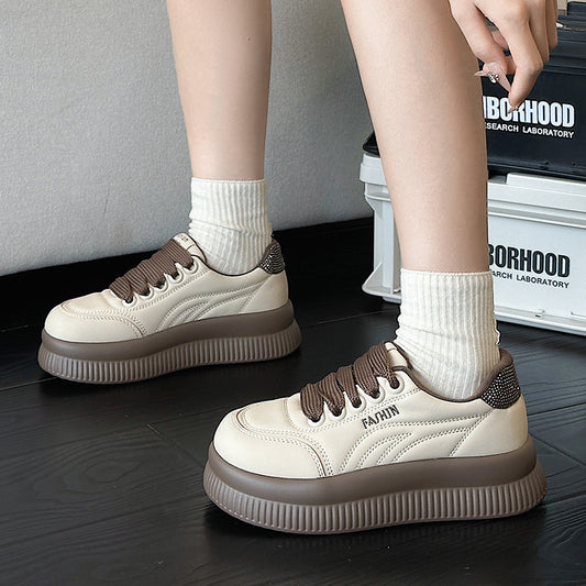 Women's Rhinestone Bread Fleece-lined Soft Thick-soled White Sneakers