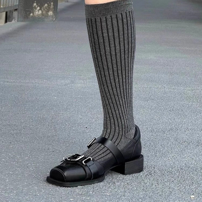 Women's Niche Round Toe Pumps Summer Dark Leather Shoes