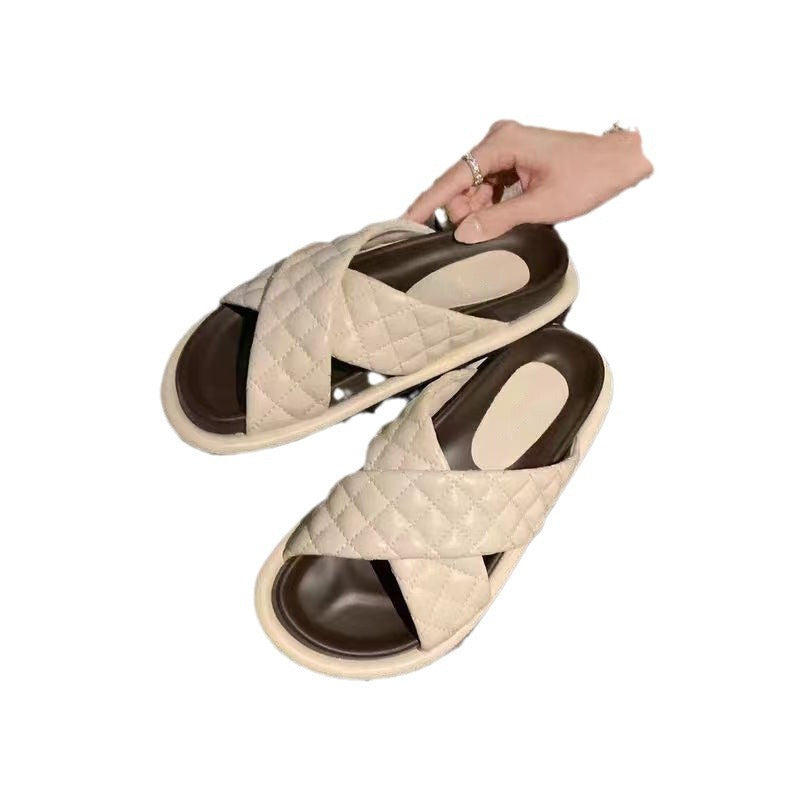 Women's Puff Soft Glutinous Rhombus Cross With Color Matching Slippers