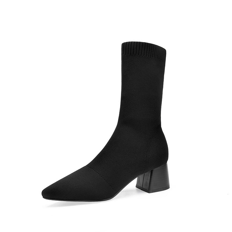 Women's Knitted Skinny Elastic Socks Chunky Ankle Plus Size Black Women's Leather Boots