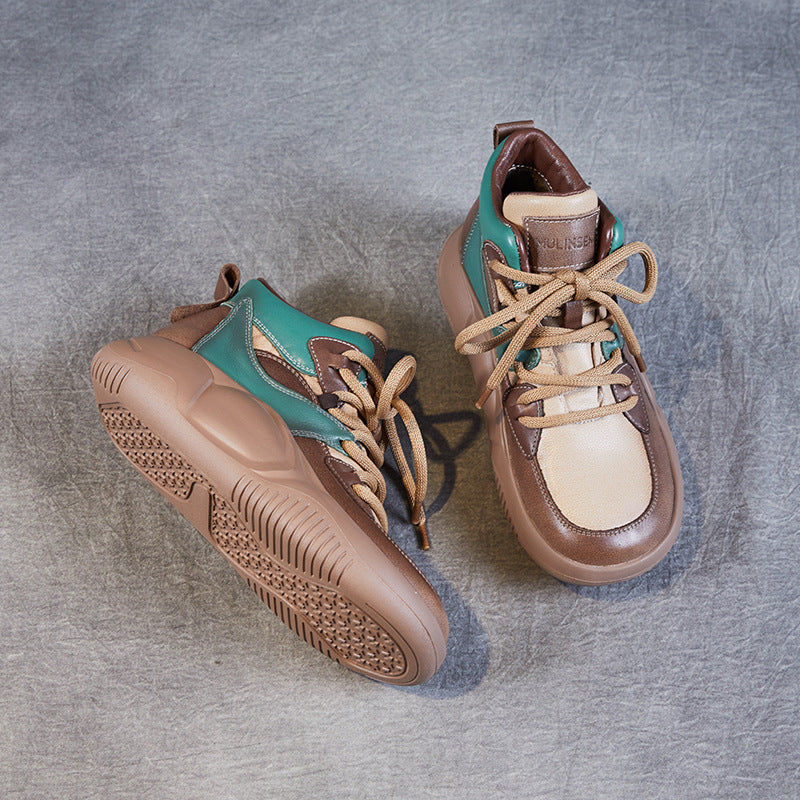 Women's Lace Color Block Thick-soled Mother Top Layer Cowhide Soft Snow Boots