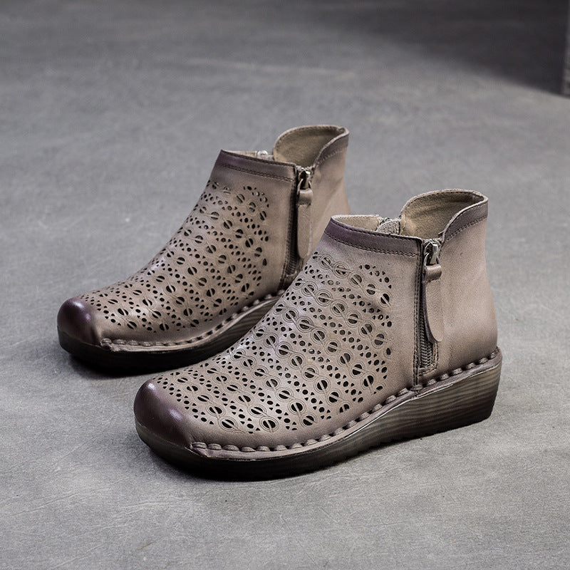 British Style Breathable Hollow Side Zipper Flat Platform Sandals