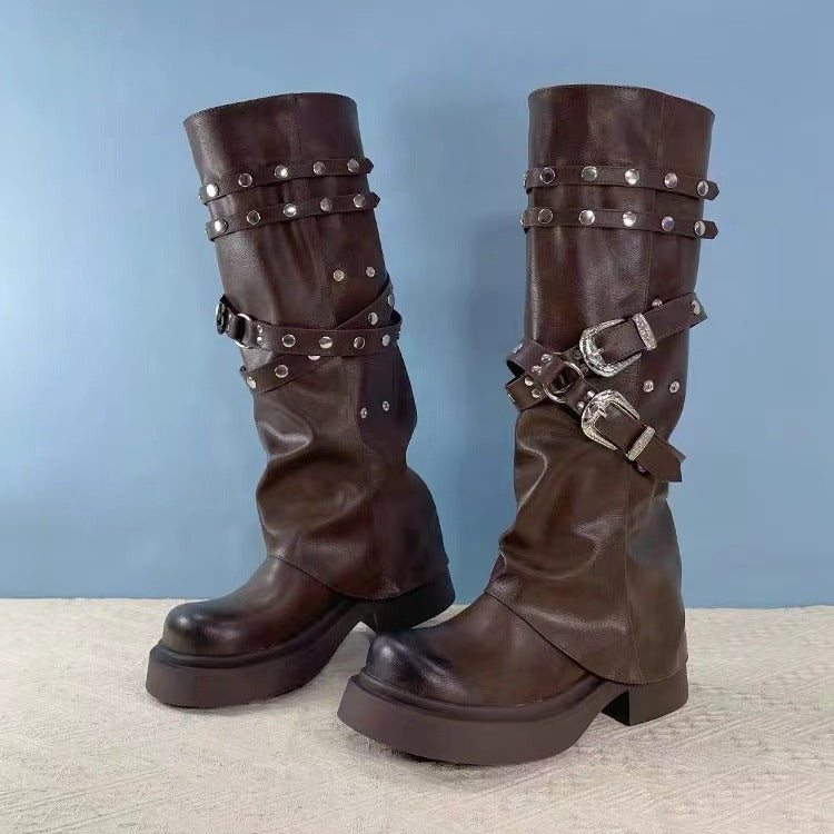 Women's Pantyhose Retro Round Toe Niche Design Boots