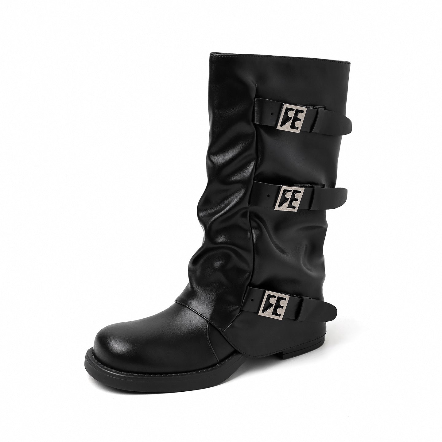 Women's Round Head Chunky Knee-high Belt Buckle Knight Women's Leather Boots