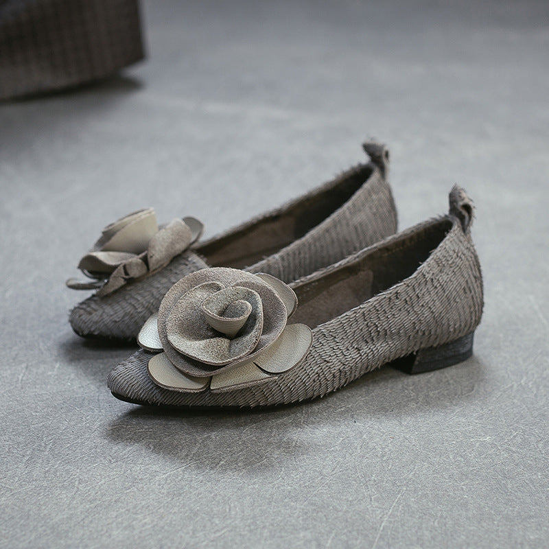 Layer Cowhide Flower Flat Pumps Slip-on Lofter Lightweight Comfortable Fashionable Women's Casual Shoes
