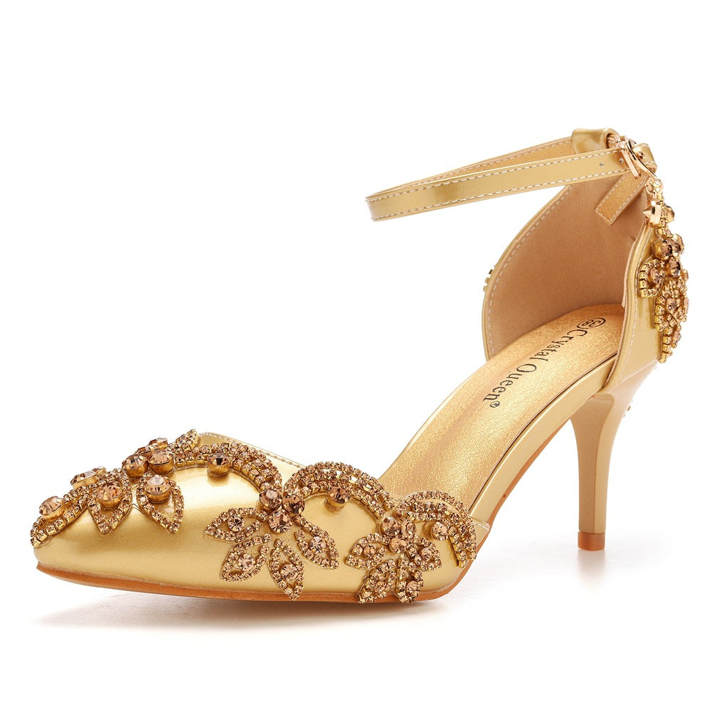 Pointed Plus Size Stiletto Toe Rhinestone High Golden Heels