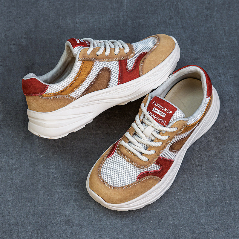 Women's Cowhide Dad Thick Bottom Breathable Mesh Color Casual Shoes