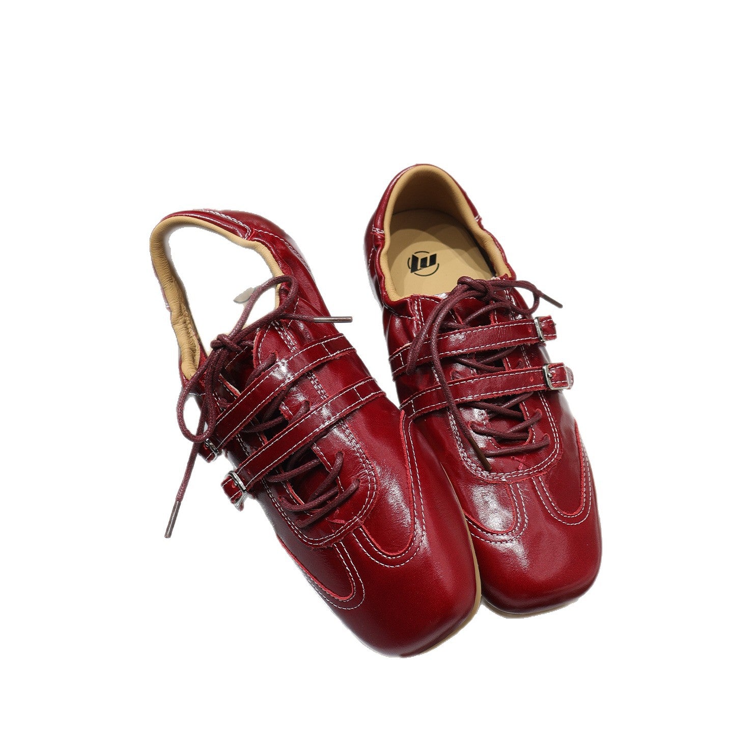 Women's Small Chunky Square Toe Double Buckle Leather Shoes