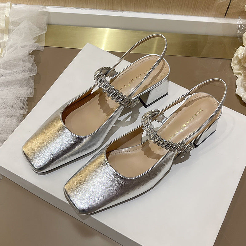 Sier Rhinestone Chain Word Strap Closed Toe Women's Shoes