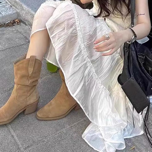 Women's Skinny Short Martin Retro Chunky Knight Boots