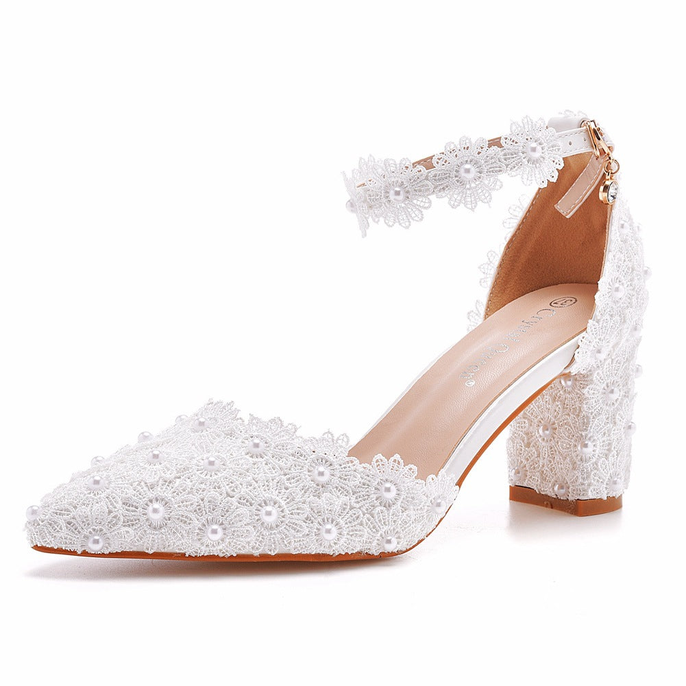 Women's Pointed Toe Hollow Wedding Dress Spring Chunky Women's Shoes