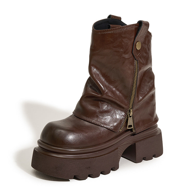 Women's Slip-on Mid Short Height Increasing Insole Women's Leather Boots