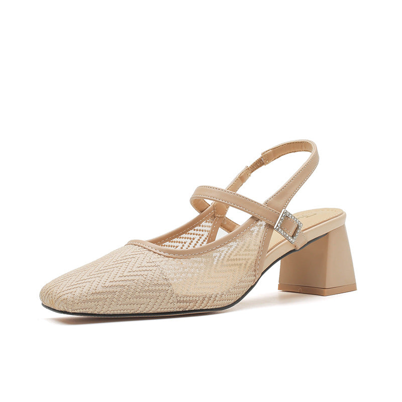 Women's Summer Mesh Breathable Chunky Square Toe Heels